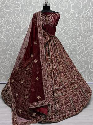 maroon thread work velvet lehenga set choli with dupatta with double dupatta 1