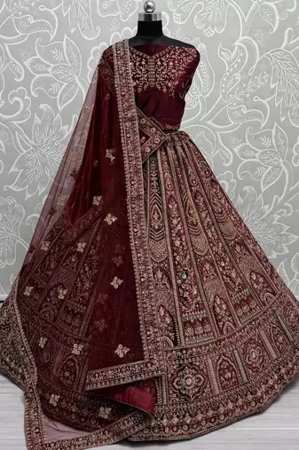Maroon Thread Work Velvet Lehenga Choli With Double Dupatta