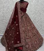Maroon Thread Work Velvet Lehenga Choli With Double Dupatta