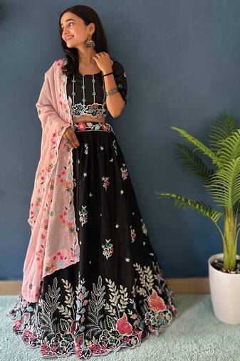 Black Thread Embroidered Chinon Party Wear Lehenga Choli