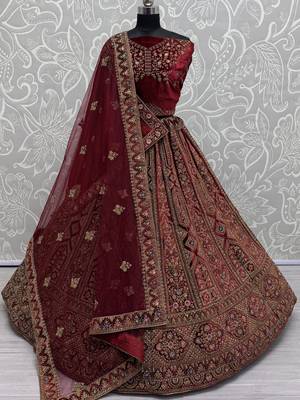 maroon embroidered velvet bridal lehenga set choli with dupatta with double dupatta 1