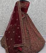 Maroon Embroidered Velvet Bridal Lehenga Choli With Double Dupatta