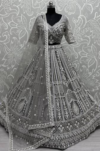 Grey Sequins Net Reception Wear Lehenga Choli With Dupatta