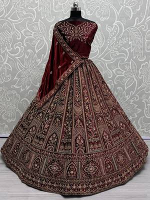 maroon thread work velvet lehenga set choli with dupatta with double dupatta 3