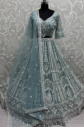 Sky-Blue Pearl Work Net Bridesmaid Lehenga Choli With Dupatta