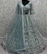 Sky-Blue Pearl Work Net Bridesmaid Lehenga Choli With Dupatta