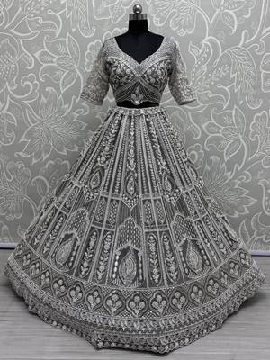 grey sequins net lehenga set choli with dupatta with dupatta 3