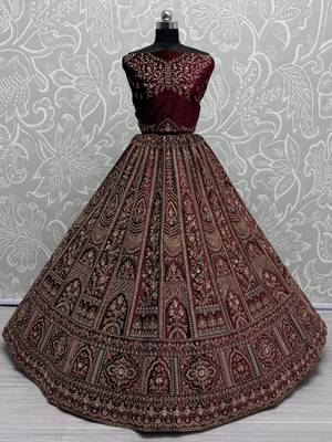 maroon thread work velvet lehenga set choli with dupatta with double dupatta 4