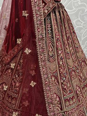 maroon thread work velvet lehenga set choli with dupatta with double dupatta 5