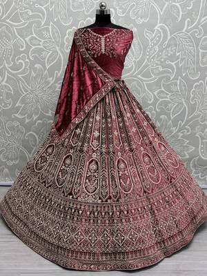red dori work velvet bridal lehenga set choli with dupatta with double dupatta 3