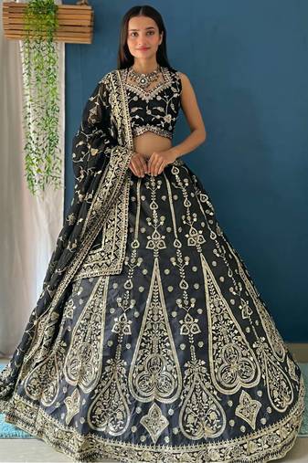 Black Zari Embroidery Silk Bridesmaid Lehenga Choli