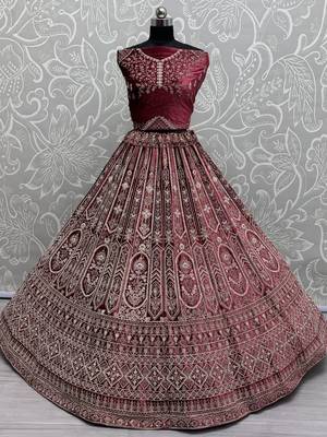 red dori work velvet bridal lehenga set choli with dupatta with double dupatta 4
