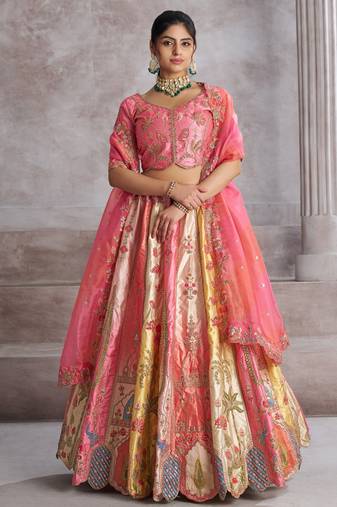 Pink Thread Work Banarasi Silk Wedding Wear Lehenga Choli