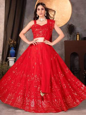 Vibrant Crimson Red Sequin Embellished Lehenga Set 1