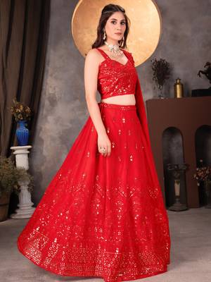 Vibrant Crimson Red Sequin Embellished Lehenga Set 3