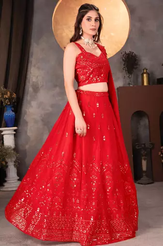 Vibrant Crimson Red Sequin Embellished Lehenga Set