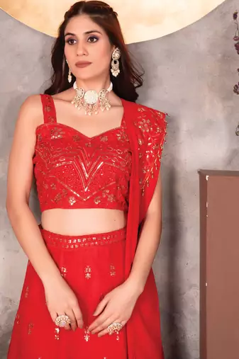 Vibrant Crimson Red Sequin Embellished Lehenga Set