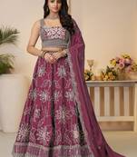 Maroon Thread Embroidered Satin Reception Wear Lehenga Choli