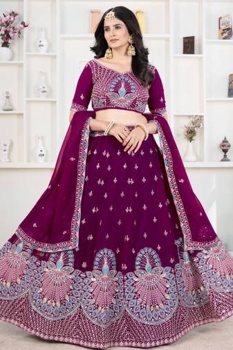 Purple Thread Work Georgette Lehenga Choli With Dupatta 