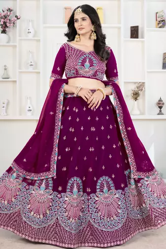 Purple Thread Work Georgette Lehenga Choli With Dupatta 
