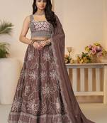 Brown Floral Embroidered Satin Lehenga Choli With Dupatta