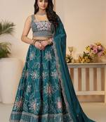 Teal Blue Thread Work Satin Wedding Lehenga Choli With Dupatta
