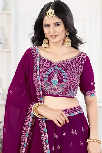Majestic Wine Purple Peacock Embroidered Lehenga Choli