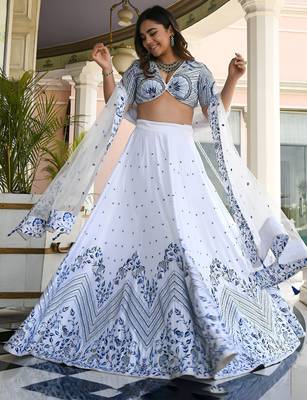 white thread work satin lehenga set choli with dupatta 1