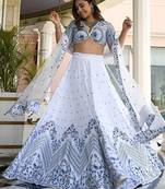 white thread work satin lehenga set choli with dupatta