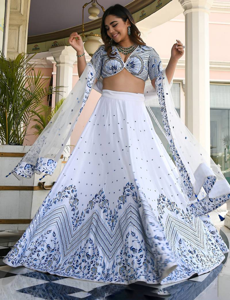 white thread work satin lehenga set choli with dupatta