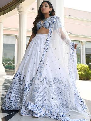 white thread work satin lehenga set choli with dupatta 3
