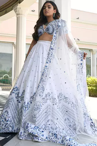 white thread work satin lehenga set choli with dupatta