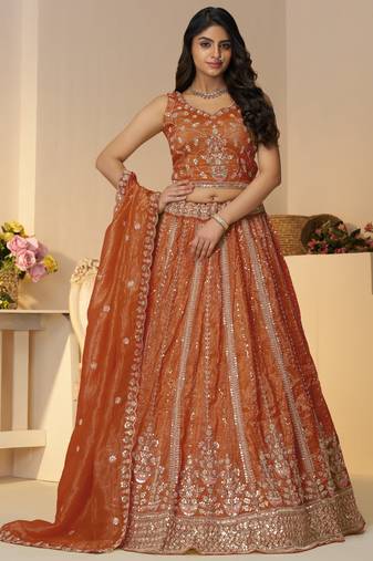 Orange Sequins Silk Traditional Lehenga Choli With Dupatta