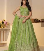 Green Sequins Work Silk Mehendi Wear Lehenga Choli With Dupatta
