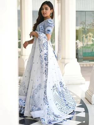 white thread work satin lehenga set choli with dupatta 4