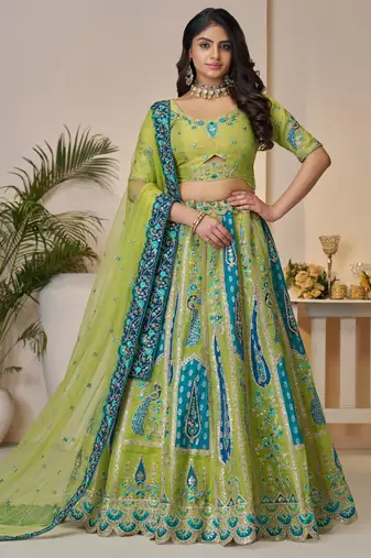 Green Thread Work Banarasi Silk Mehendi Wear Lehenga Choli