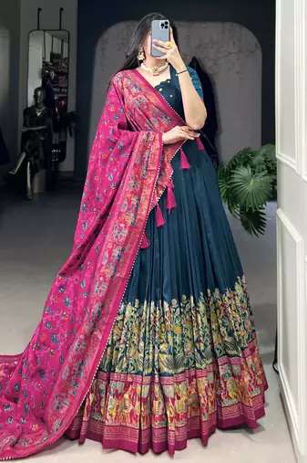 Teal Blue Digital Printed Tussar Silk Festive Wear Lehenga With Blouse