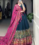 Teal Blue Digital Printed Tussar Silk Festive Wear Lehenga With Blouse
