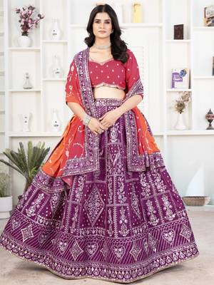 Purple and Pink Embroidered Silk Lehenga Choli 1