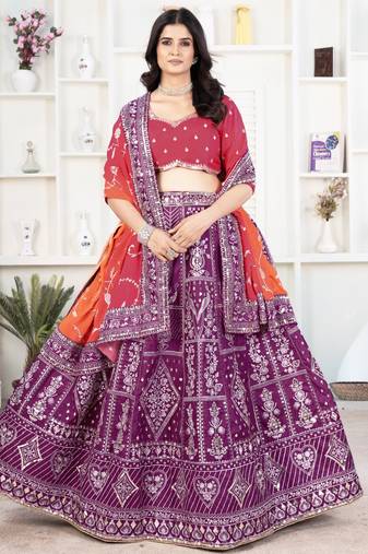 Purple Sequins Silk Traditional Lehenga With Red Choli 