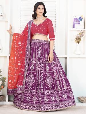 Purple and Pink Embroidered Silk Lehenga Choli 3