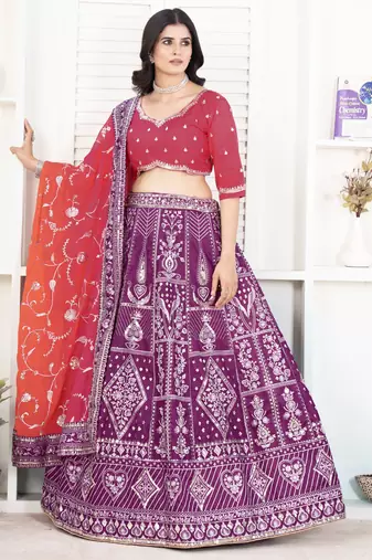 Purple and Pink Embroidered Silk Lehenga Choli