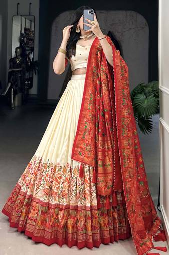 Off-White Foil Work Tussar Silk Traditional Lehenga Choli