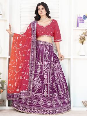 Purple and Pink Embroidered Silk Lehenga Choli 4