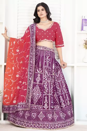 Purple and Pink Embroidered Silk Lehenga Choli