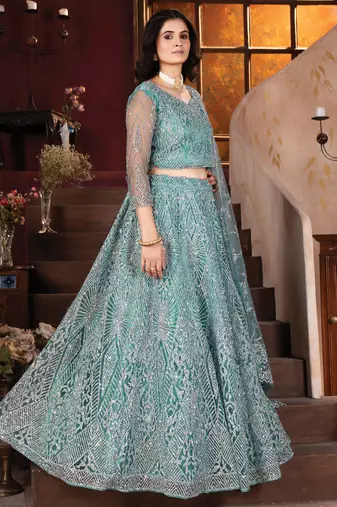 Sea Green Embroidered Net Lehenga Choli
