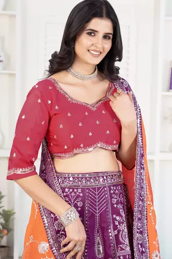 Purple and Pink Embroidered Silk Lehenga Choli