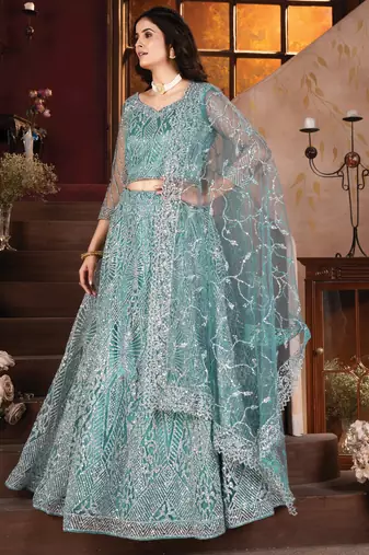 Sea Green Embroidered Net Lehenga Choli