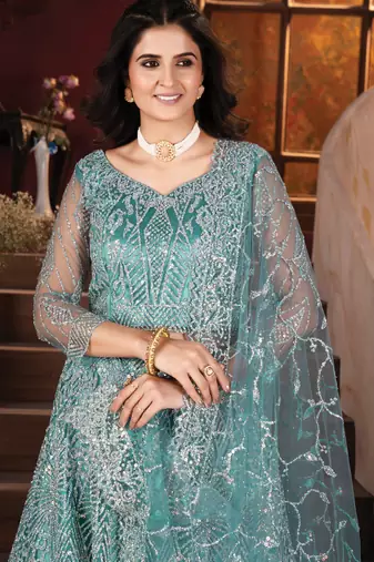 Sea Green Embroidered Net Lehenga Choli