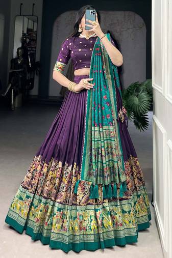 Purple Foil Work Tussar Silk Lehenga Choli With Dupatta